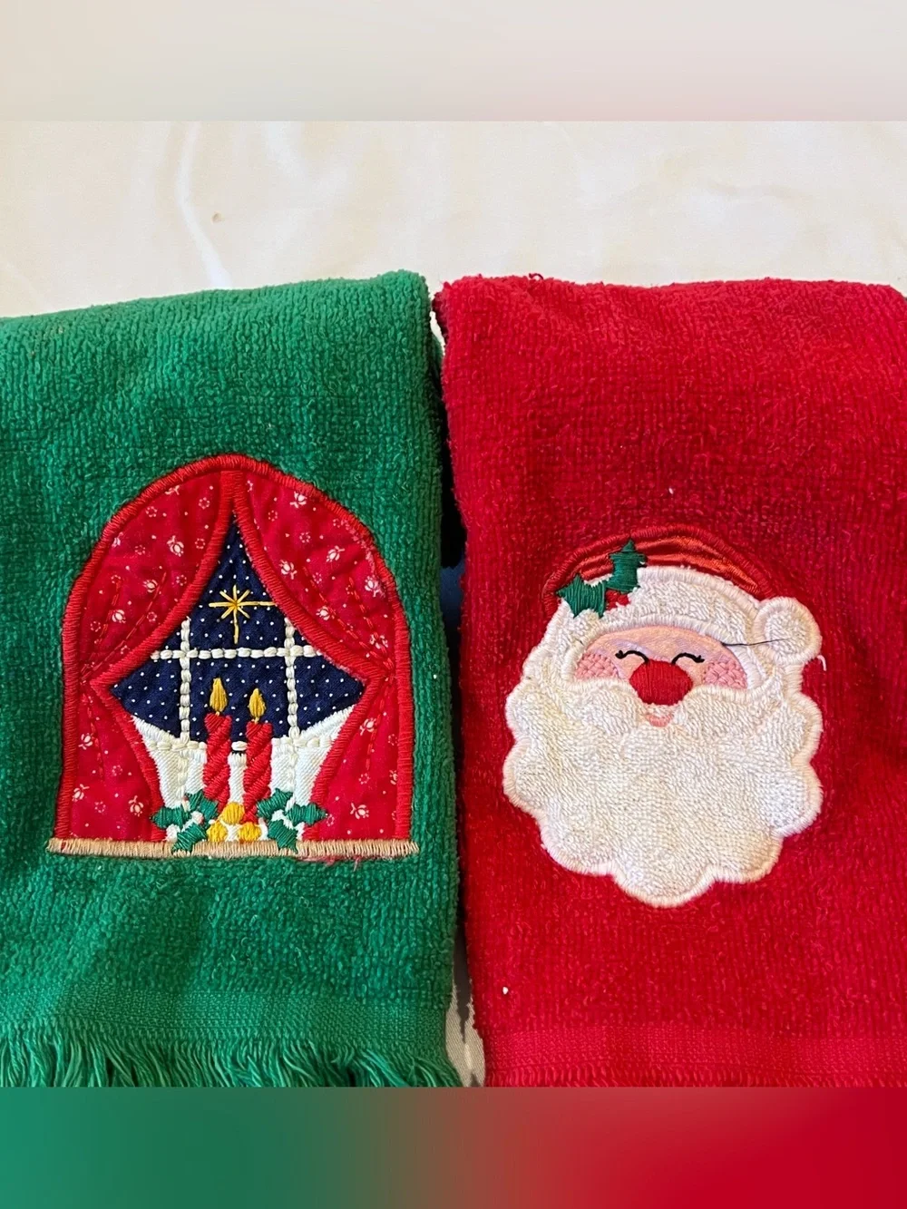 Royal Terry Vintage Christmas Hand Towels Set of 3 Santa Candle Window Fringe